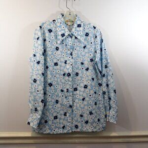 Vintage Kolortron Blue White Floral Print Button Front Blouse Size 12 Long Sleev